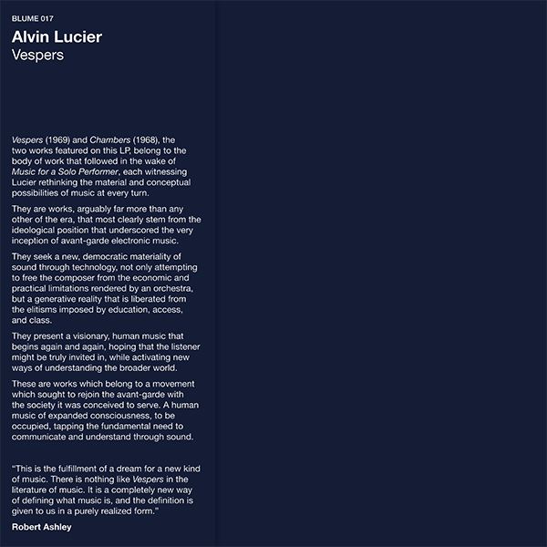 ALVIN LUCIER / アルヴィン・ルシェ / VESPERS