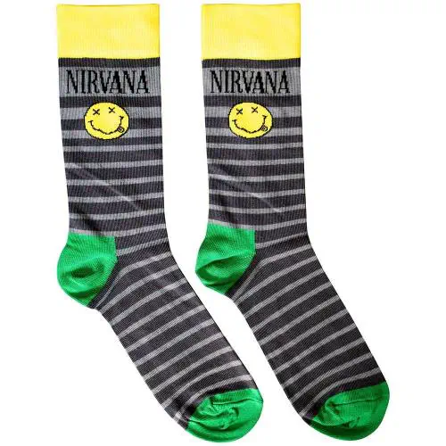 NIRVANA / ニルヴァーナ / UNISEX ANKLE SOCKS: HAPPY FACE & LOGO STRIPES (GREY)